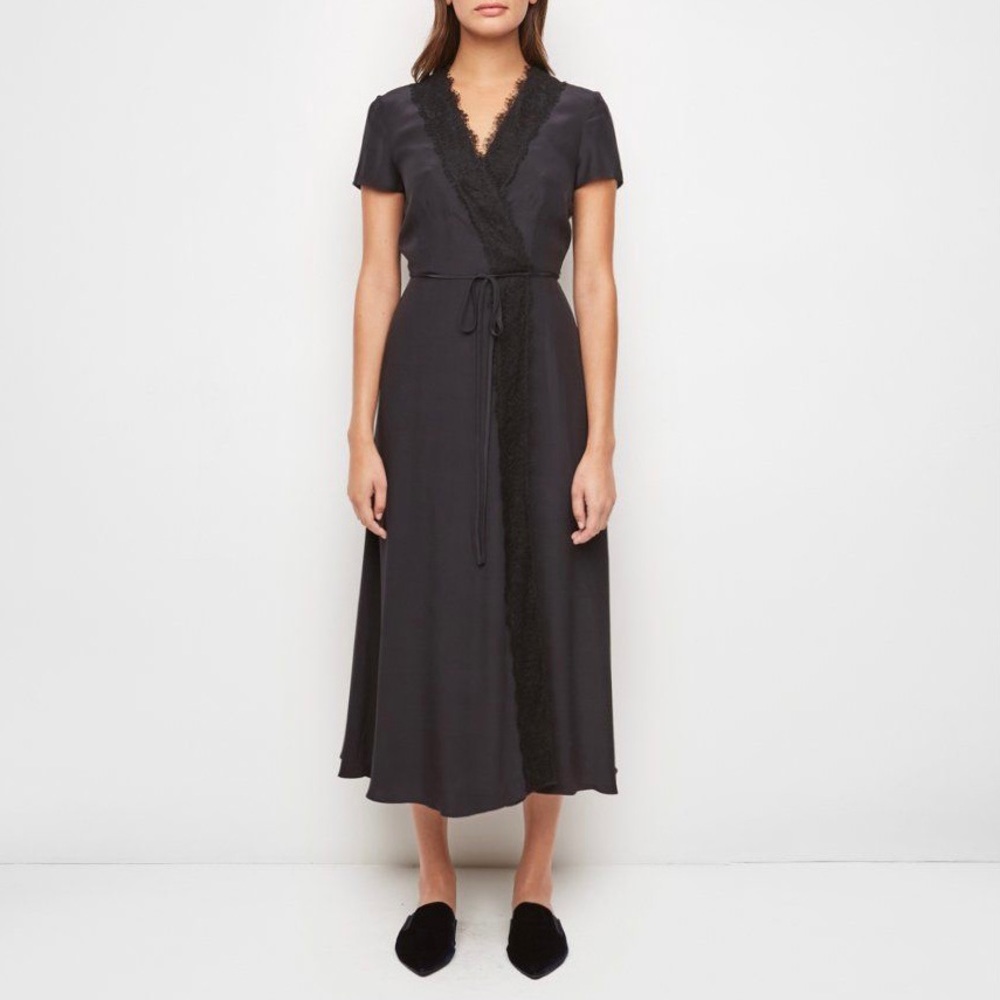 Jenni Kayne Silk Wrap Midi Dress (Sz XS) Lace Trim Black